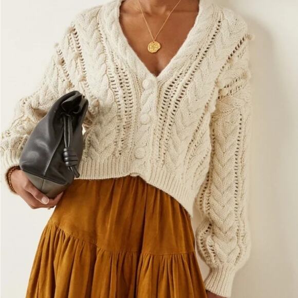 Ulla Johnson Lilo Cardigan Merino Wool Baby Llama Cable Sweater Creme Size Large - Picture 1 of 15